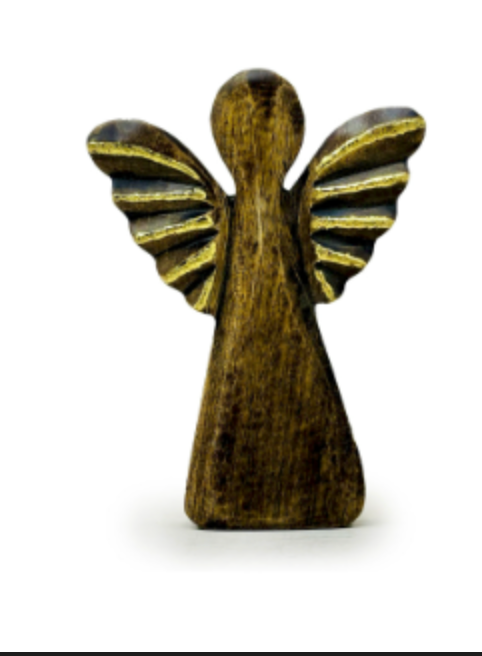 Ange moyen en bois de manguier - Décor doré - 16 cm