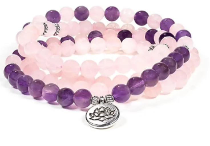 Mala Quartz Rose & Améthyste – Élastique avec pendentif Lotus