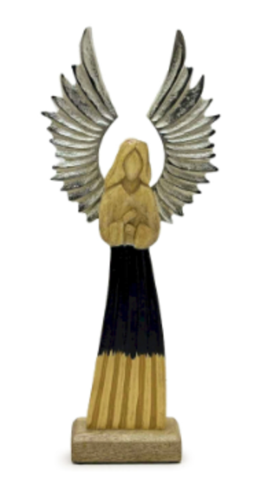 Grand Ange Gardien en bois de manguier – Ailes en métal & détails émaillés