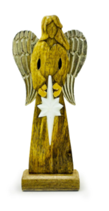 Grand Ange de la Paix en bois de manguier – Ailes en métal & détails émaillés
