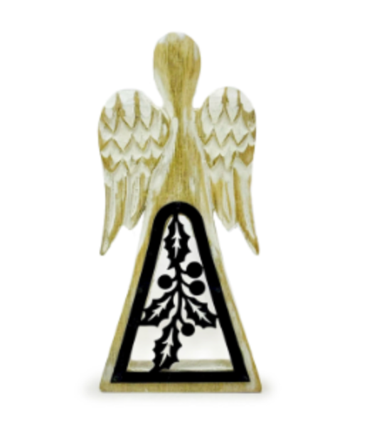 Ange bois de manguier - Finition blanchie & décor en fer ajouré