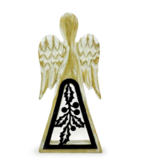 Ange bois de manguier - Finition blanchie & décor en fer ajouré